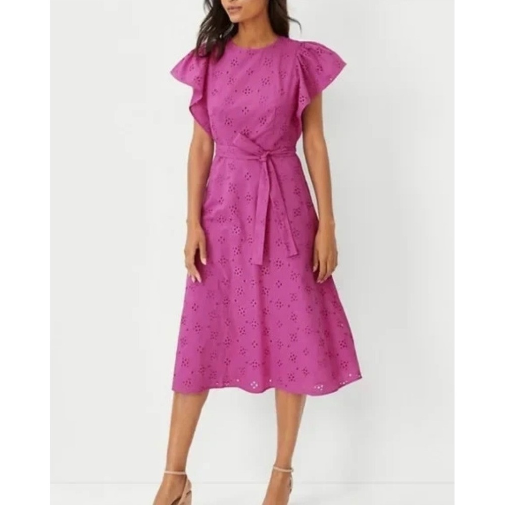 Ann Taylor Womens Magenta Pink Cotton Eyelet Flutter Sleeve Belted Midi Dress 8